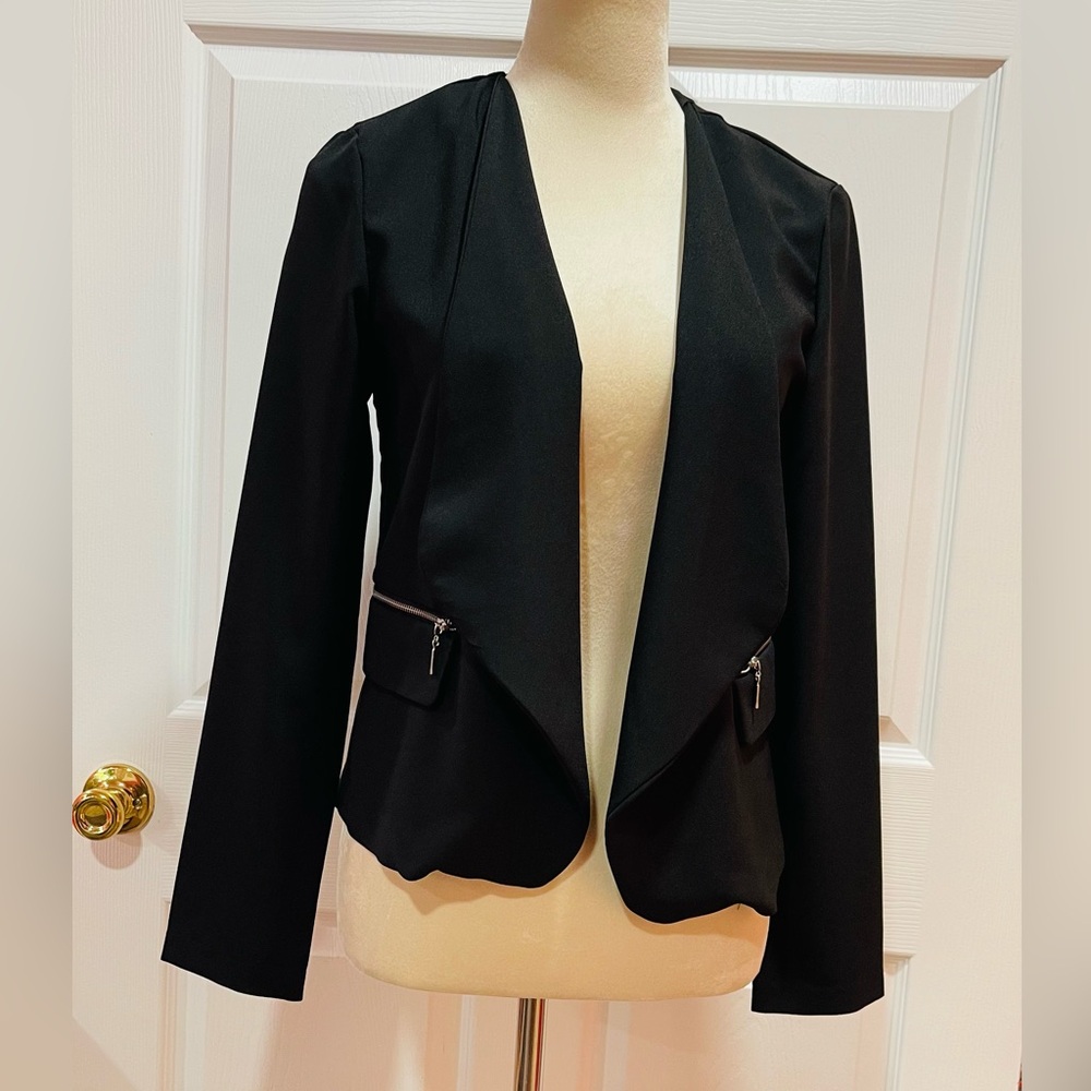Papaya Black Blazer with Draped Open-Front Design